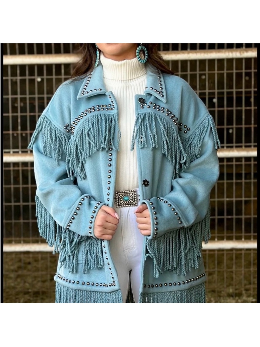 Fringed Light Blue Women's Coat with Stud Details